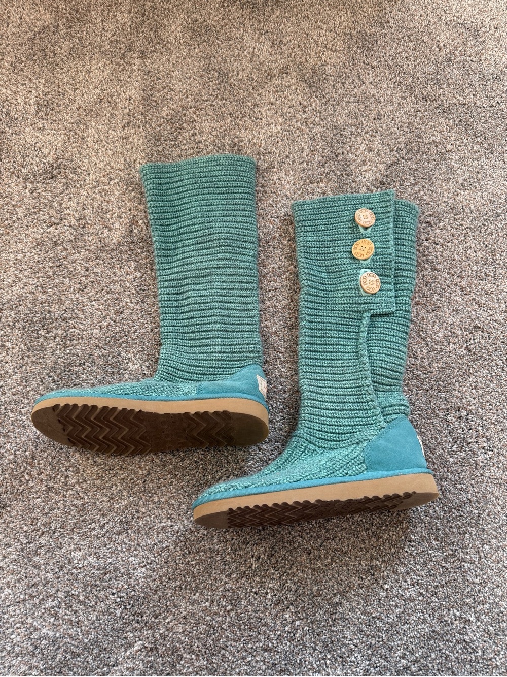 UGG Teal Crochet Knit Wood Button Clasp Tall Boots Size 8